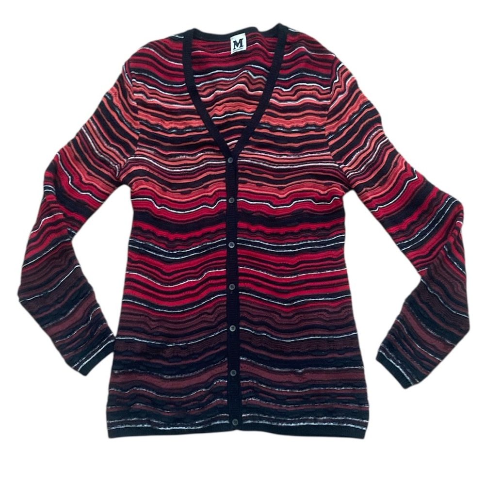 Missoni Multicolor Striped V-Neck Cardigan in Red, Black, Pink and Brown